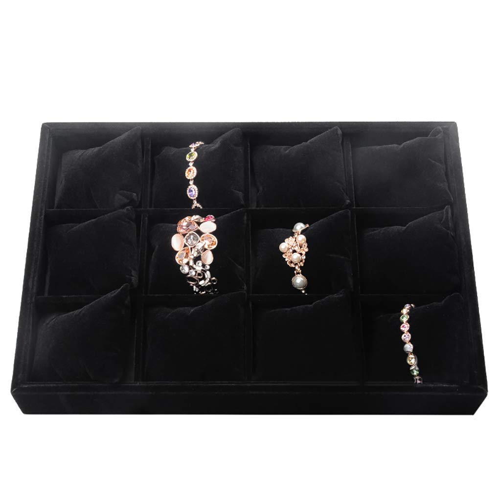 MUSUMI 12 Grid Watch Jewelry Tray Showcase Box Storage Case Organizer Collana Bracciale con Supporto per Cuscini (Nero)