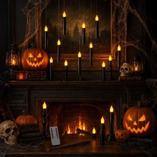 Image of Lezonic 12Pcs Floating Candles with Wand and Remote, Magic Black Flameless Candles Battery Operated, Flikering Hanging LED Taper Candlesticks Halloween Decorations, 0.8 inch x 6 inch