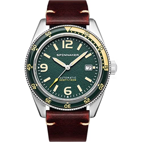 Spinnaker Fleuss Men’s Watch - Automatic Dive Watch for Men, 43mm Stainless Steel Case, Brown Leather Strap, Water Resistant 150m, SP-5055-0C - Lagoon Green