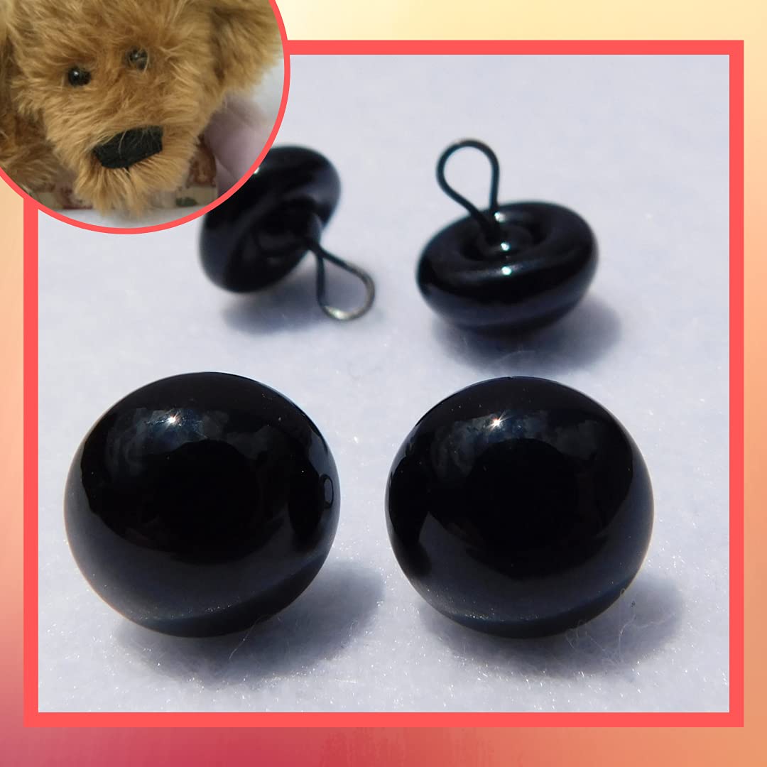 2 Pair Glass Eyes On Wire Loops Sew On (14mm-Black)
