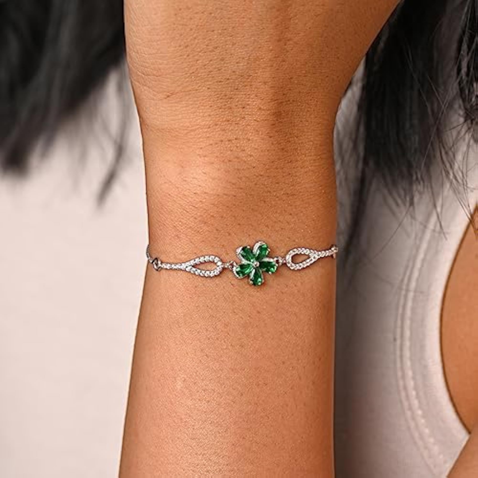 Women's 925 Pure Silver Green Flower Adjustable Hand Bracelet