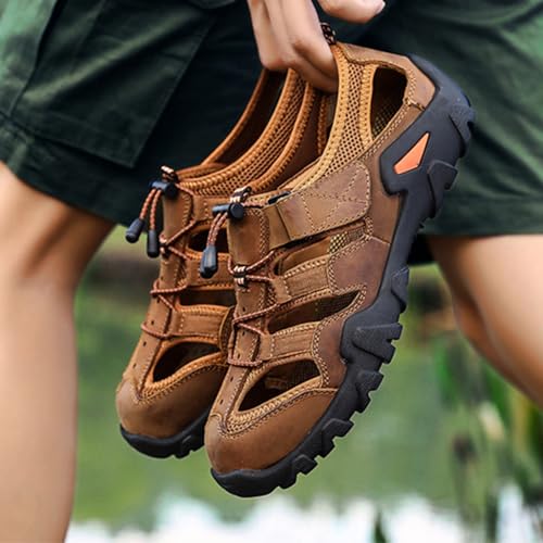 MILDSEVEN Large Size Men's Real Leather Hiking Sandals, Fashion Closed Toe Sandals, Hollow Out Classics Backpacking Beach Shoes,11.5,Brown2