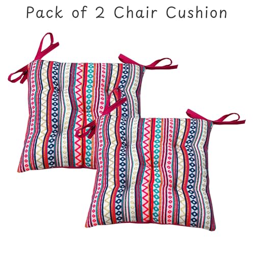 Image of Pack of 2 Washable Reversible Woven Pink Boho Seat Cushions with Micro Fiber Filler & Ties, Size 16 x 16 Inches 40 x 40 cm for Floor Sitting, Pooja, Dining Table Chair, Rastaurant