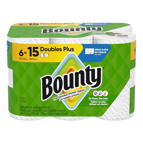 Bounty Paper Towels Select-A-Size, White, 6 Double Plus Rolls = 15 Regular Rolls
