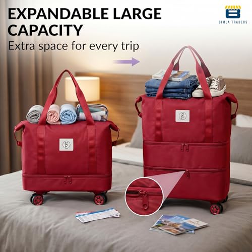 Image of Btag Travel Duffle Bag with Wheels | Convertible Handbag, Trolley & Shoulder Luggage for Clothes | Space-Saving Foldable Travel Companion | Expandable & Waterproof Traveling Bag for Unisex (Wine Red)