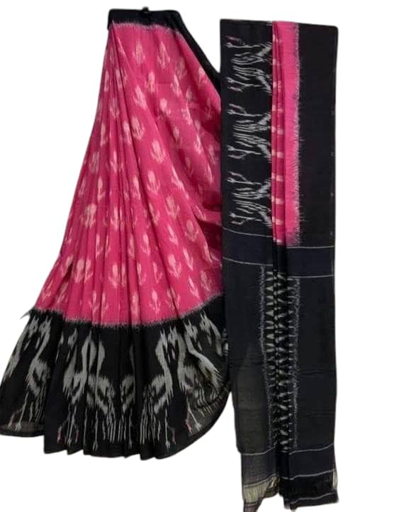 Handicrafts Women's Ikat Hand Block Print Pure Soft mul Cotton Saree with Blouse Piece Pink Black-image-33