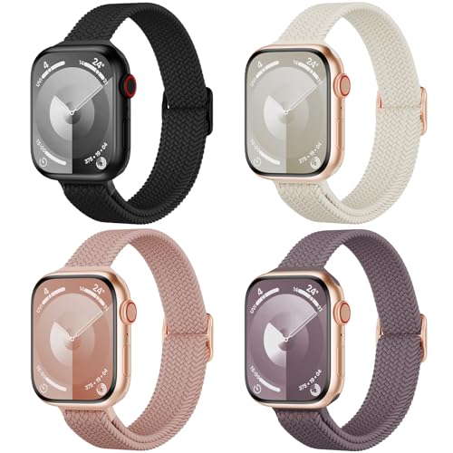 4 Pack Slim Braided Stretchy Bands Compatible with Apple Watch Band 38mm 42mm 40mm 44mm 41mm 45mm 46mm 49mm Women Men, Solo Loop Nylon Thin Strap for iWatch Series 10 9 8 7 SE 6 5 4 3 2 1 Ultra