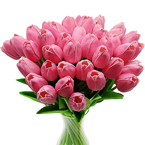 CATTLEYAHQ Flores de tulipán Artificiales, 10 Piezas de Tulipanes Reales con Hojas, decoración para Banquete de Boda Nupcial, Mesa de Cocina para el hogar (Rosado)