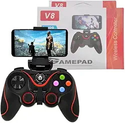 Controle Gamer Bluetooth V8 para Celular, Suporte para Smartphone, 2.4GHz, Bateria 400mAh, Preto e Vermelho