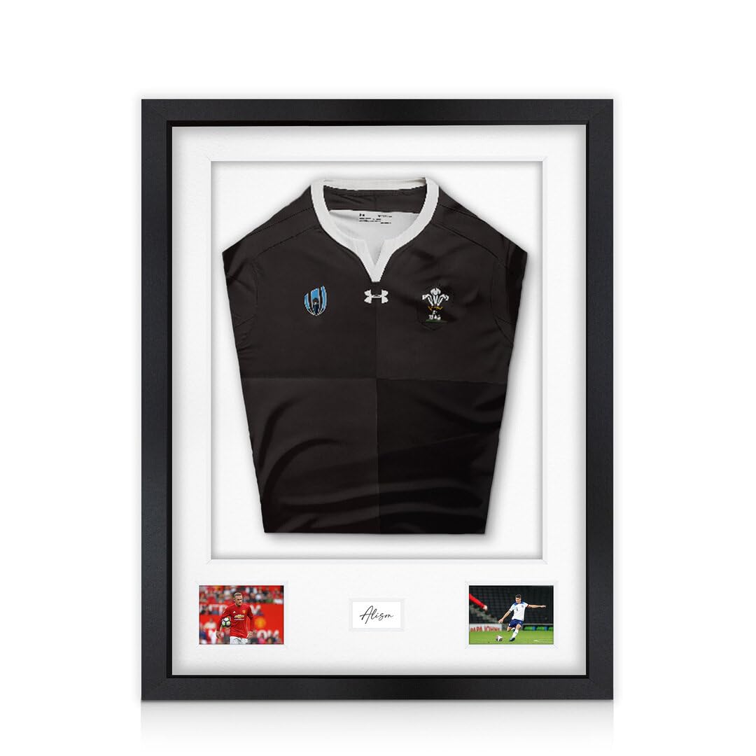 Alison Kingsgate 77.5×58.5CM Football Shirt Frame-3D Deep Box Sports, Photo Display with White Mount 42.5×49CM Shirt Window, Two 3.5×5” Photos & 4.5×7.5CM Name Plate-DIY Kit-Matte Black