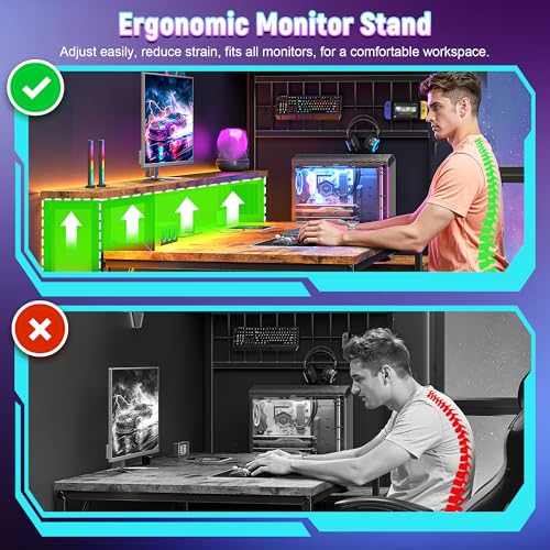 Image of DurayLoly 63 inch Computer Desk with LED Lights & Outlets,Office Desk with Drawers & Monitor Stand,Gaming Desk with 3 Storage Shelves, Hooks& Printer Space for Game&Study Room,Home Office,Bedroom,Brown