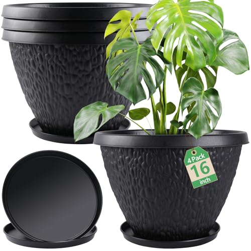 Nooulap 4 Pack Large Plant Pots for Outdoor Indoor 16 inch Flower Pots for Garden House Decor Thickened Planters with Drainage Holes & Saucer (Black)