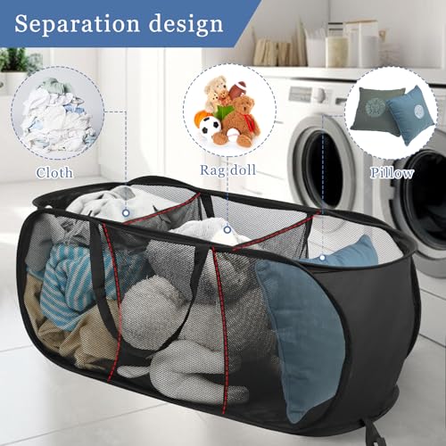 Image of Pop Up Laundry Hamper Mesh Laundry Basket, Collapsible Popup Hamper Dirty Clothes Basket with 3 Compartments, Side Pocket, Carry Handles for Home, Dorm, Bathroom, Bedroom, Travel-Black