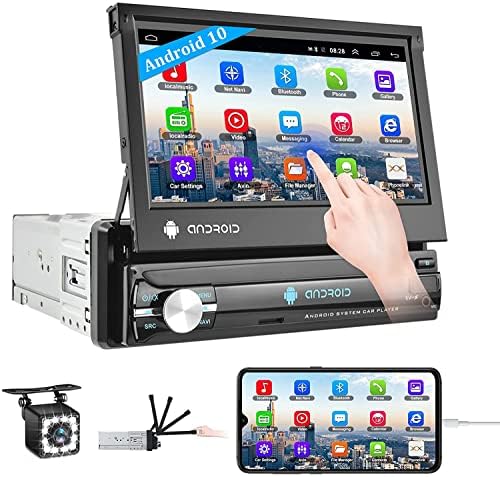 CAMECHO Android Single Din Car Stereo with Bluetooth 7 Inch Flip Out Touch Screen Car Radio Support Navi GPS/Mirror Link iOS/Android/AUX Input/WiFi/FM RDS Receiver+Dual USB+Rear Camera