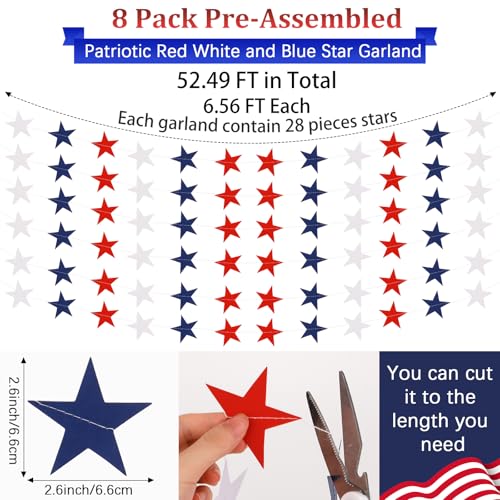 Image of 4th of July Decorations Set: 8 Strands Patriotic Star Streamers Banner Garland + 2 Pack 3.28Ft x 6.56Ft Metallic Tinsel Foil Fringe for Independence Day Memorial Day
