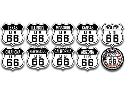 Sheet of 8: All Route 66 States Sign Shaped Stickers (1.5 inch Tall)
