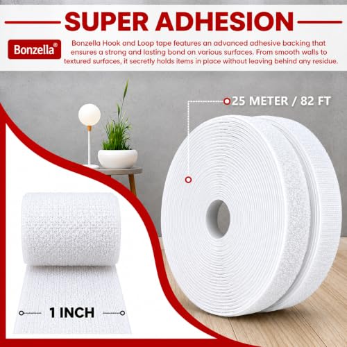 Image of BONZELLA Self Adhesive Hook and Loop Tape, Mosquito Net Mounting Tape for Office use, Photo Frames, Multipurpose Double Sided Adhesive Hook Loop Tape for Crafting & Wall Hanging White (25M x 25mm)