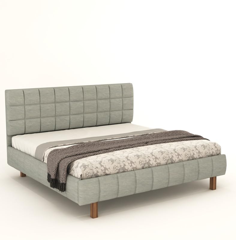 Image of MODESTY WOODS Queen Size Upholstered Bed Without Storage | Solid Sheesham Wood Wooden Cot with Cushioned Fabric Headboard | Modern Double Bed for Bedroom | Grey