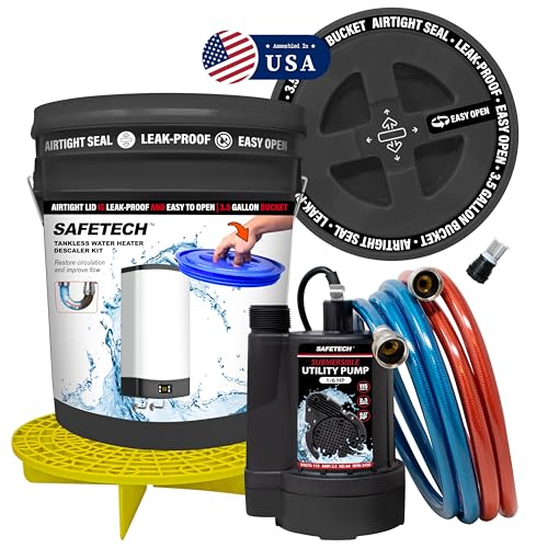 Safetech Tankless Water Heater Flushing Kit with Screw-Top Lid, Premium Braided Hoses, 1/6 HP Utility Pump, and Pump Grate - Just Add Vinegar