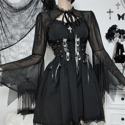 Image of Women Gothic Crop Top Shirt Y2K Black Bell Sleeve Shawl Cardigan