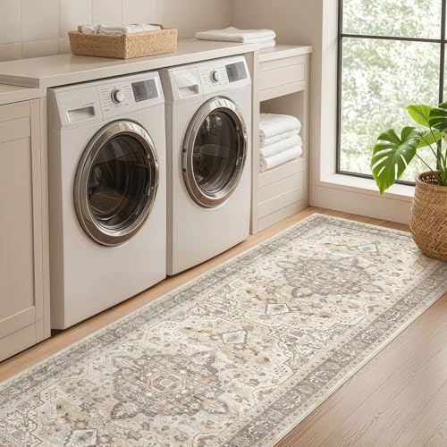 Runner Rug Kitchen Washable Rugs: 3x8 Non-Slip Boho Soft Vintage Stain Resistant Indoor Floor Neutral Farmhouse Throw Carpet for Hallway Bathroom Laundry Room Entryway Bedroom- Brown