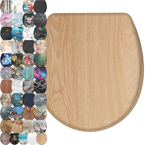 Image of Sanilo Wooden Toilet Seat with Quick Release & Soft Close [ROUND] - Decorative & Slow Close Molded Wood Seat - With One Click for Easy Installation & Cleaning - With Adjustable Fit (Wood)