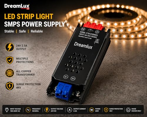 Image of Dreamlux 60W 24V 2.5A SMPS Power Supply | AC to DC Converter 180-265V Input | Industrial Grade Switching Power Supply with 4kV Surge Protection | Ovp,SCP,Otp | Made in India (1)