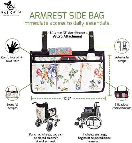Wheelchair Side Bag with Large Cup Holder - Arm Rest Pouch and Drink CupHolder - Wheel Chair Accessories Organizers and Water Bottle Holder Fits Walkers, Rollators for Seniors and Handicap (Floral) - Thumbnail 3
