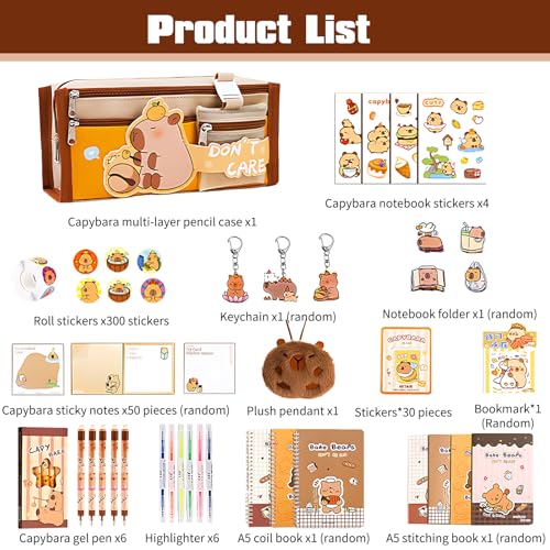 Roinaid 61 Stück Capybara Stifte,Capybara Federmäppchen,Süße Capybara Schreibwaren-Set,Reichhaltige Capybara Federmäppchen,Geeignet für Büro,Schule,Kinder,Schülerschreibwaren