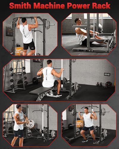 Smith Machine Home Gym with Barbell Bar, Cable System, Lat Pulldown Attachments, Safety Spotter Arms, J Hooks, Landmine, Multi-Functional Squat Rack for Full Body Strength Training