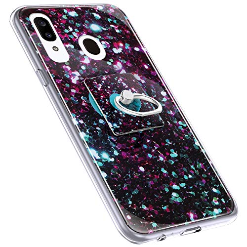 Urhause Cover Compatible with Samsung Galaxy A20 Case Sparkle Glitter Bling Marble Case TPU Silicone Ring Holder Cover 360 Degree Rotation Ring Holder Kickstand Shiny Bling Shockproof Cover Purple