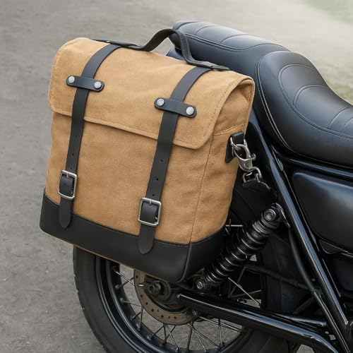 LIVIAレトロキャンバスバイクサイドバッグ 本革防水モーターサイクルバッグ メッセンジャーバッグ 通勤用 ショルダー&サドルバッグ 汎用収納ツールバッグ スクーターバイク用 小物収納 バイクサイドバック (カーキ)