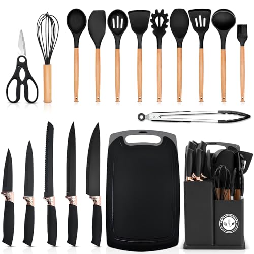 A&K's Silicone Utensils set, non-stick cooking set, silicone spatula, Heat resistant, 6 pieces knife set, cutting board (19 Pcs Black)
