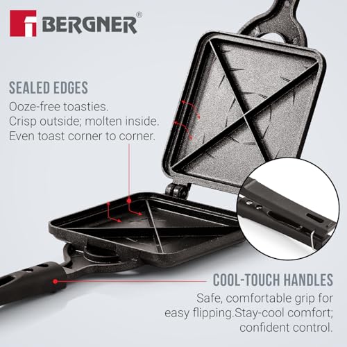 Image of Bergner Senator Sandwich Toaster, Non-Stick, PFOA Free, Design for Perfect Sealing, Sturdy Handles, Even Heating Grill /Toast Sandwiches in Minutes, Cast Aluminium, Gas Stove Compatible