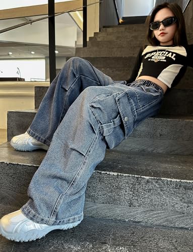 Image of Rolanko Girls Cargo Pants Baggy Y2K Cargo Trousers Jeans Wide Leg Pants with Multi Pockets 4-15 Years