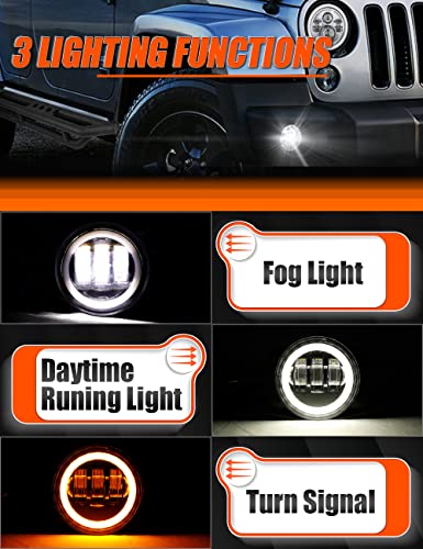 Uni-Shine 4 Inch Led Fog Lights Halo Ring Compatible With Jeep Wrangler Jk Unlimited Jku 2007-2018, With White Drl Amber Turn Signal Front Bumper Replacements Compatible With Dodge Dot Approved W1 #TOP1