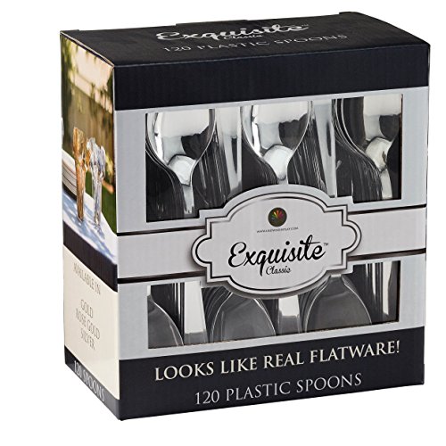 Exquisite Plastic Cutlery, Premium Quality Silverware"Gold/Silver Look Alike"Heavy Duty Plastic Cutlery - 120 Count (Silver, Soup Spoons) #TOP3