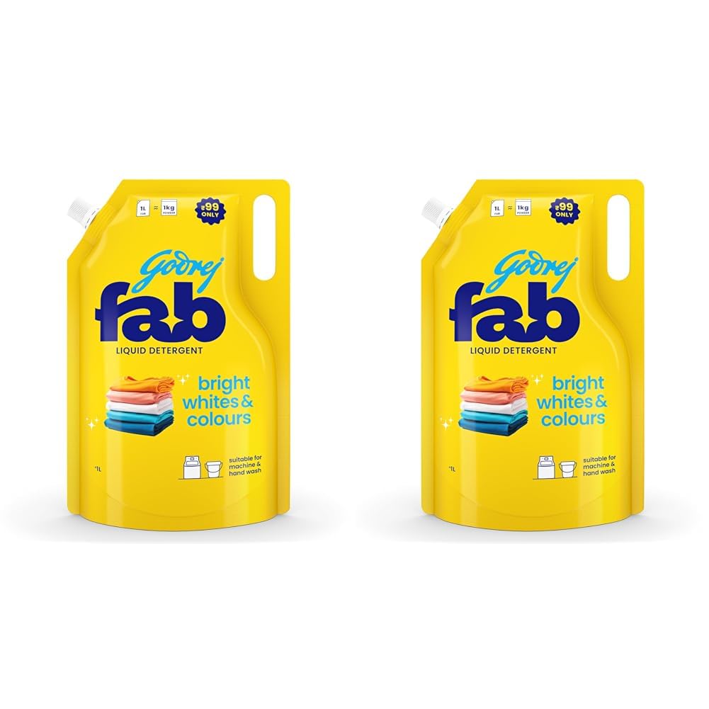 Godrej Fab Liquid Detergent Refill Pouch for Machine & Hand Wash - 1L (Pack of 2)