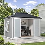 Sunjoy Office Shed for Outdoor, Tiny House 10'x12.6' She Shed, Backyard Office, Multipurpose Outdoor Room, Home Gym with Floor, 2 Windows and Lockable Doors