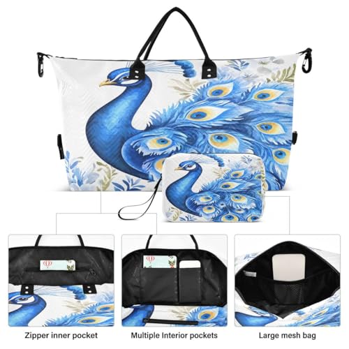 Blue Peacock Feather Flower Travel Duffle Bag Gym Bag Weekender Bags with Toiletry Bag Travel Trip Tote Bag2