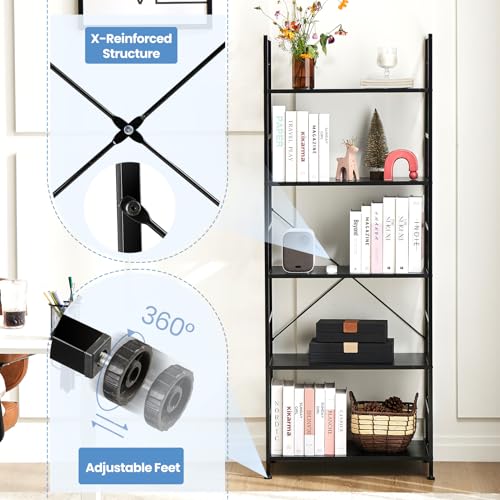 Image of DUMOS 5 Tiers Bookshelf, Classical Book Shelf, Tall Display Shelves in Living Room /Home /Office, Storage Organizer for CDs /Books /Movies, Modern Black