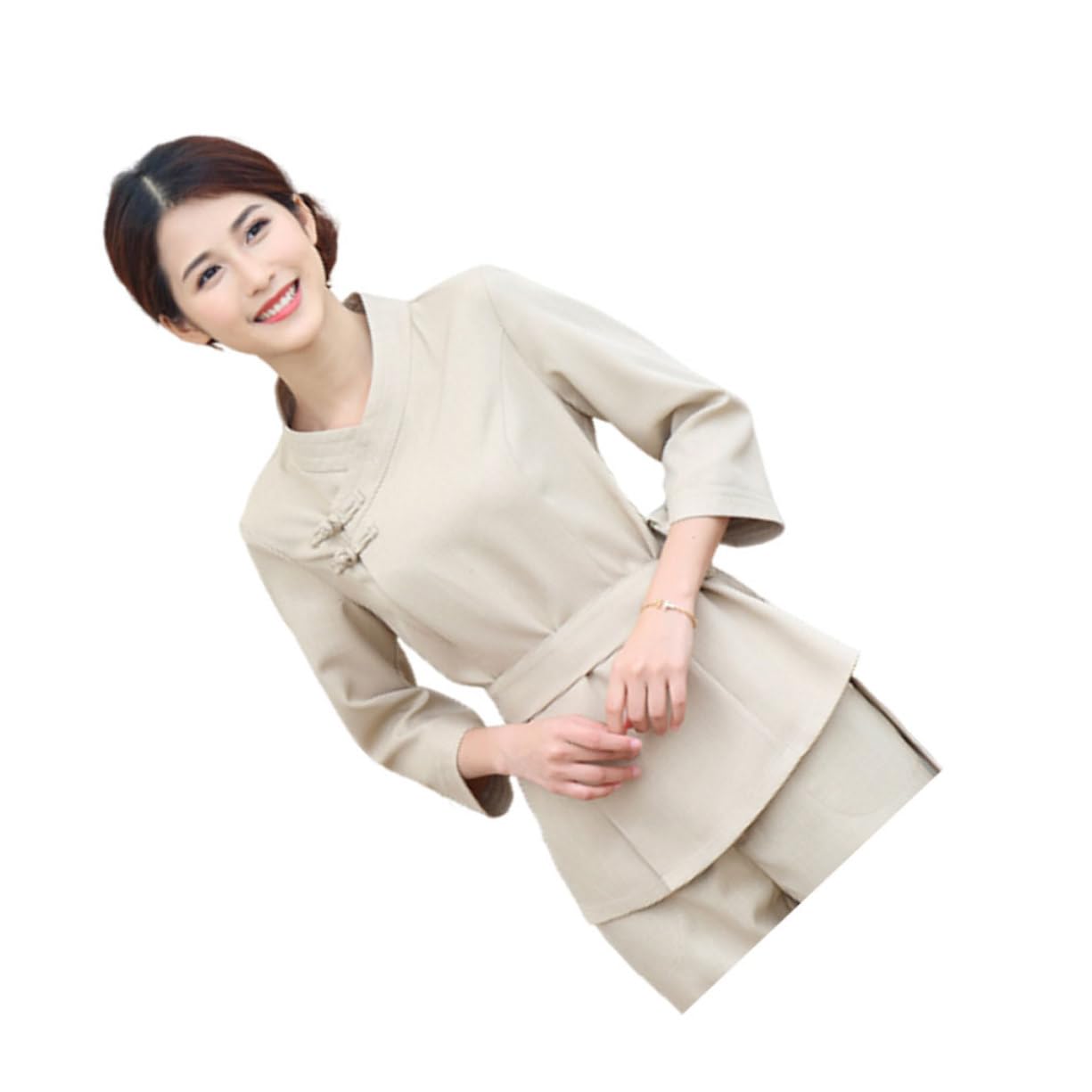 UKCOCO Mono Técnico Belleza y Uniforme Salón SPA Beige, Algodón Duradero, Diseño Ajustable, para Esteticista Mujer En SPA y Salón, Talla XXXL, Set 2 Piezas, Ropa De Trabajo Funcional