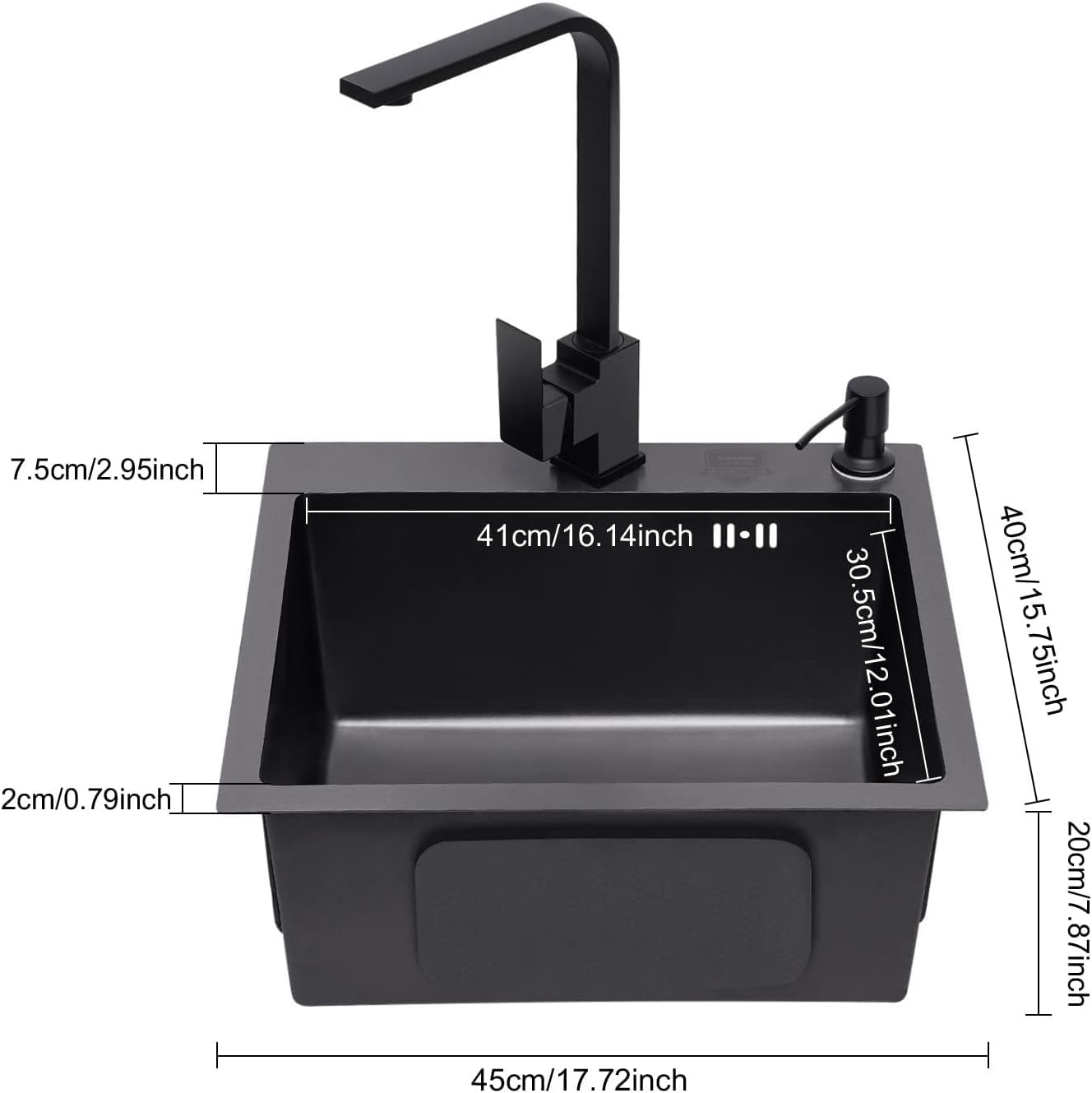 Spüle, Spülbecken Edelstahl mit Armatur Schwarz, Einbauspüle Küchenspüle Granitspüle für 45 cm Unterschrank, mit Küchenarmatur 360° Drehbar, Seifenspender, Über und Ablaufgarnitur