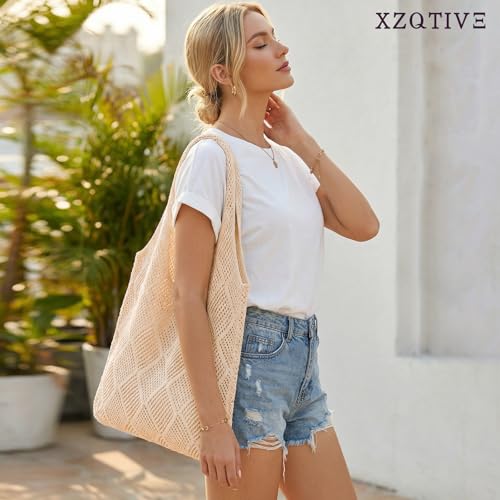 Image of XZQTIVE Crochet Tote Bag for Women Mesh Beach bag for Summer Vacation Aesthetic Hobo Knit Shoulder Bag