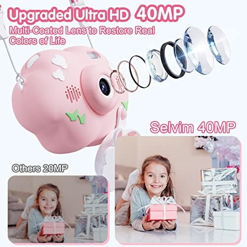 Selvim Kids Digital Camera, 40MP 1080P Rechargeable Kids Camera, 2.4 Inch IPS Screen Selfie Video Camera with 32GB Card, Toddler Camera for 3-12 Years Old Girls Boys, Birthday Gifts for Children