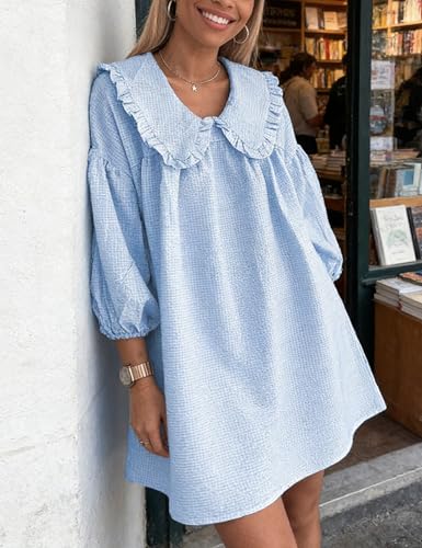 Image of Ynhonra Women's Gingham Mini Dress 3 /4 Puff Sleeve Babydoll Doll Collar