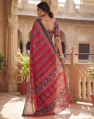 Image of SIRIL Women's Printed Cotton Linen One Minute Ready to Wear Saree With Unstitched Blouse Piece
