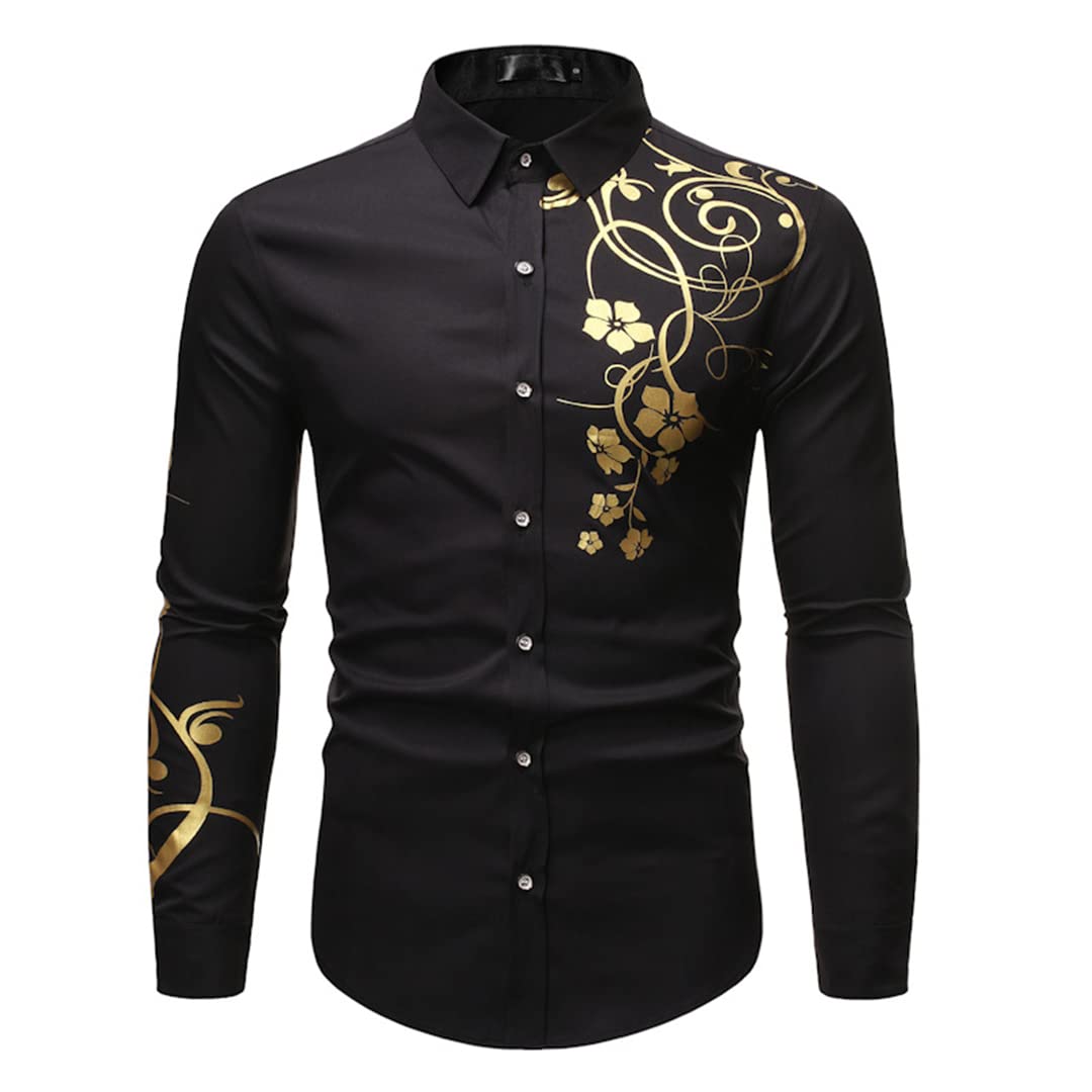 slim fit dress slacks Black and Gold Floral Dress Shirt – Sophisticated Gentlemen
