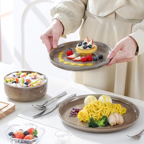 Image of vancasso PLAYA Plates and Bowls Sets, 18 Pieces Dark Brown Dinnerware Sets for Kitchen, Reactive Glaze Dishes Set for 6, Dishwasher and Microwave Safe