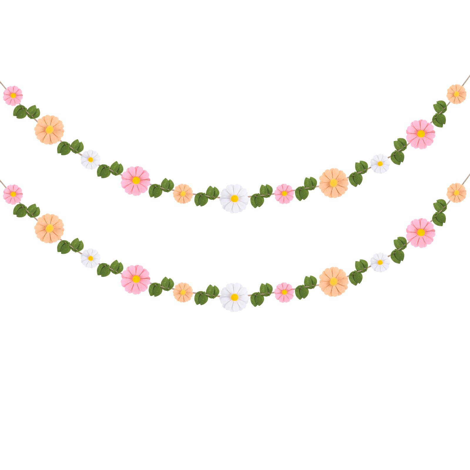 Winmany Felt Daisy Sunflower Garland Colorful Boho Wildflower Green Leaves Wall Hanging Decorations Birthday Wedding Party Photo Props Home Room Decor (Pink White)